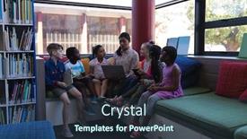  Presentation with library - Cool new PPT theme with front-view-of-female-teacher backdrop and a tawny brown colored foreground