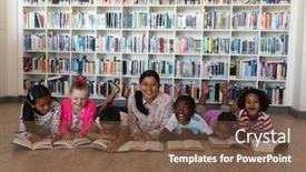  Presentation with library - Colorful PPT theme enhanced with front-view-of-female-teacher backdrop and a tawny brown colored foreground