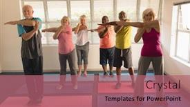  Presentation with nursing - Amazing PPT layouts having front view of group of active senior people performing exercise at nursing home backdrop and a coral colored foreground