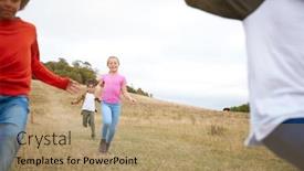  Presentation with children running - Presentation design with front-view-of-group background and a coral colored foreground
