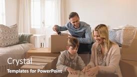  Presentation with new home - Cool new PPT layouts with front-view-of-happy-family backdrop and a tawny brown colored foreground