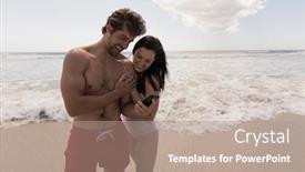 Presentation with sunshine - Slide deck consisting of front view of happy young couple using mobile phone and having fun at beach in the sunshine background and a coral colored foreground