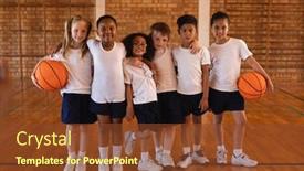  Presentation with basketball court - Beautiful slide deck featuring front-view-of-schoolkids-standing backdrop and a tawny brown colored foreground