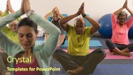  Presentation with senior fitness - Beautiful presentation theme featuring front view of senior people doing yoga with female trainer in fitness studio backdrop and a tawny brown colored foreground