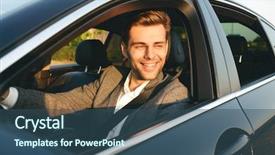  Presentation with self driving car - Theme consisting of front view of smiling bussinesman background and a ocean colored foreground