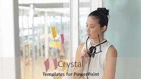  Presentation with front office - Cool new slides with front view of thoughtful asian female business executive looking through window in a modern office backdrop and a lemonade colored foreground