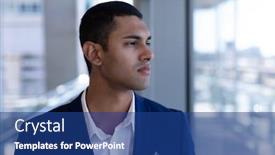  Presentation with front office - Slide deck with front view of thoughtful young mixed-race businessman looking away standing in modern office background and a ocean colored foreground