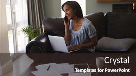  Presentation with mobile home - Beautiful PPT theme featuring front view of woman talking on mobile phone while using laptop in living room at home working from home in quarantine lockdown social distancing self isolation backdrop and a wine colored foreground