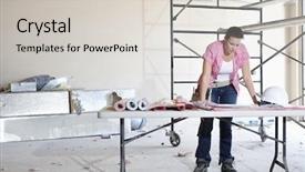 Presentation with building plans - Presentation design featuring front view of young female contractor looking at building plans at table background and a light gray colored foreground