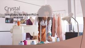  Presentation with design fashion - Audience pleasing presentation design consisting of front view of young mixed-race female fashion designer working in design studio backdrop and a light gray colored foreground