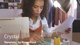  Presentation with design fashion - Presentation theme featuring front view of young mixed-race female fashion designer working in design studio background and a coral colored foreground