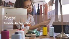  Presentation with design fashion - Audience pleasing presentation design consisting of front view of young mixed-race female fashion designer working in design studio backdrop and a coral colored foreground