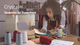  Presentation with design fashion - Presentation consisting of front view of young mixed-race female fashion designer working in design studio background and a gray colored foreground