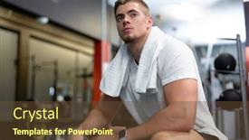  Presentation with young healthy people - Beautiful slide set featuring front view of young thoughtful caucasian male athletic relaxing in fitness center bright modern gym with fit healthy people working out and training backdrop and a tawny brown colored foreground