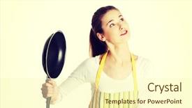  Presentation with corner - Slide set enhanced with front view portrait of a young upset caucasian female teen dressed in apron holding a frying pan net to her looking at the right top corner on white background and a cream colored foreground