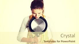  Presentation with sad teen - Cool new PPT layouts with front view portrait of a young sad caucasian female teen dressed in apron hugging a frying pan to her chest looking down on white backdrop and a cream colored foreground