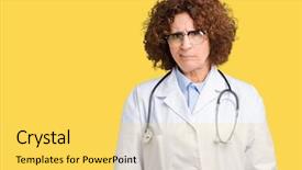  Presentation with middle ages portrait - Beautiful slide deck featuring frown - middle ager senior doctor woman backdrop and a yellow colored foreground