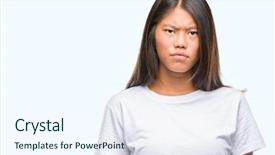  Presentation with asian - PPT theme having frown - young asian woman over isolated background and a sky blue colored foreground