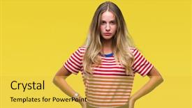  Presentation with negative - Audience pleasing PPT theme consisting of frown - young beautiful blonde woman backdrop and a yellow colored foreground
