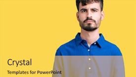  Presentation with 3 d man person - Audience pleasing presentation theme consisting of frown - young handsome man over isolated backdrop and a yellow colored foreground