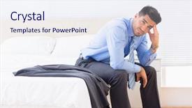  Presentation with bed - PPT theme having frowning-businessman-sitting-at-edge background and a sky blue colored foreground
