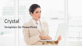  Presentation with office chair - Beautiful theme featuring frowning businesswoman standing behind her chair holding laptop in her office backdrop and a white colored foreground