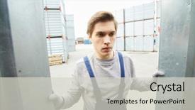  Presentation with worker - Colorful PPT layouts enhanced with frowning handsome young manual worker backdrop and a light gray colored foreground