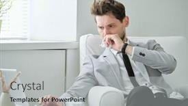  Presentation with project - Audience pleasing presentation theme consisting of frowning-ill-young-businessman-sitting backdrop and a light gray colored foreground