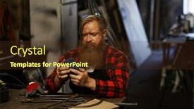  Presentation with workshop tools - Beautiful presentation design featuring frowning-puzzled-bearded-blacksmith backdrop and a tawny brown colored foreground