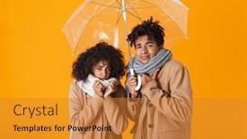  Presentation with under umbrella - Cool new PPT theme with frozen african couple wearing winter clothes standing under an umbrella isolated over yellow background backdrop and a gold colored foreground