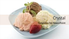  Presentation with ice cream strawberry - Beautiful PPT theme featuring frozen dessert - three flavored ice cream scoops backdrop and a coral colored foreground