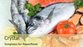 Presentation with frozen seafood - PPT theme with frozen fish - fresh seafood on ice background and a blonde colored foreground