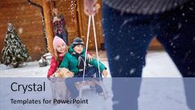  Presentation with dog sled - PPT layouts with frozen slide - children on sled in winter background and a light blue colored foreground