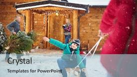  Presentation with winter family - PPT theme with frozen slide - happy boy sledding at winter background and a  colored foreground