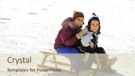  Presentation with snow illustrated for children - PPT theme featuring frozen slide - happy children sledding on snow background and a lemonade colored foreground