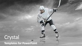 Presentation with sports hockey puck on ice - Presentation design having frozen slide - ice hockey player in action background and a gray colored foreground