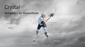  Presentation with sports hockey puck on ice - Cool new slide deck with frozen slide - ice hockey player backdrop and a light gray colored foreground