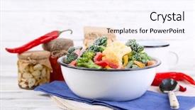  Presentation with frozen vegetables - Colorful slide deck enhanced with frozen vegetables in bowl on napkin on wooden table background backdrop and a pink colored foreground