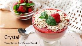  Presentation with granola - Presentation with frozen yogurt - dessert with fresh strawberry cream background and a coral colored foreground