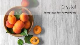  Presentation with sliced fresh papaya on wooden - Presentation theme enhanced with fructose - bowl with fresh apricots background and a light gray colored foreground