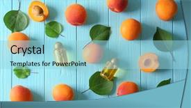  Presentation with essential oil bottles and rosemary - Presentation theme having fructose - fresh apricots and bottles background and a arctic colored foreground