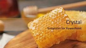  Presentation with closeup of a paper boat - PPT layouts having fructose - fresh honeycomb on wooden board background and a gold colored foreground