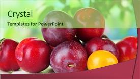  Presentation with dark vintage wood table texture - Slide deck consisting of fructose - ripe plums on wooden table background and a mint green colored foreground