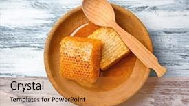  Presentation with wooden - PPT theme featuring fructose - wooden plate with fresh honeycombs background and a gold colored foreground