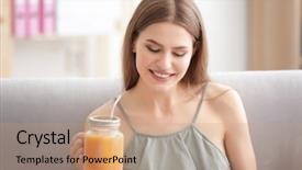  Presentation with mango juice fresh tropical fruit - Slide set featuring fructose - young woman tasting fresh juice background and a coral colored foreground