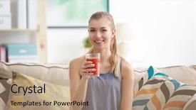 Presentation with living room - PPT theme with fructose - young woman tasting fresh juice background and a coral colored foreground