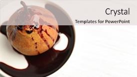  Presentation with fructose - Slide deck with fructose syrup - baked pear on wooden background background and a  colored foreground