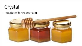  Presentation with fluid gold honey dripping - Presentation theme enhanced with fructose syrup - honey in bottles and wooden background and a white colored foreground