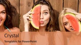  Presentation with faces - Colorful slide deck enhanced with fruit - three young cute funny girls backdrop and a coral colored foreground