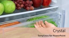  Presentation with refrigerator - Presentation consisting of fruit - woman opening drawer of refrigerator background and a lemonade colored foreground